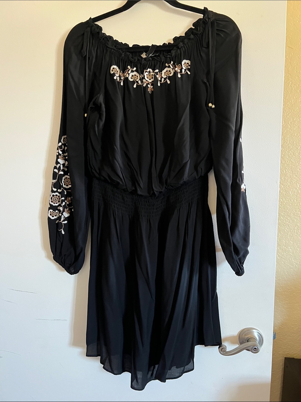 White House Black Market Black Long-Sleeve Embroidered Dress
